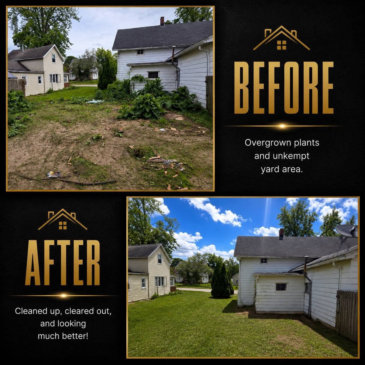 Before-and-after: unkempt yard transformed to manicured lawn and cleared property