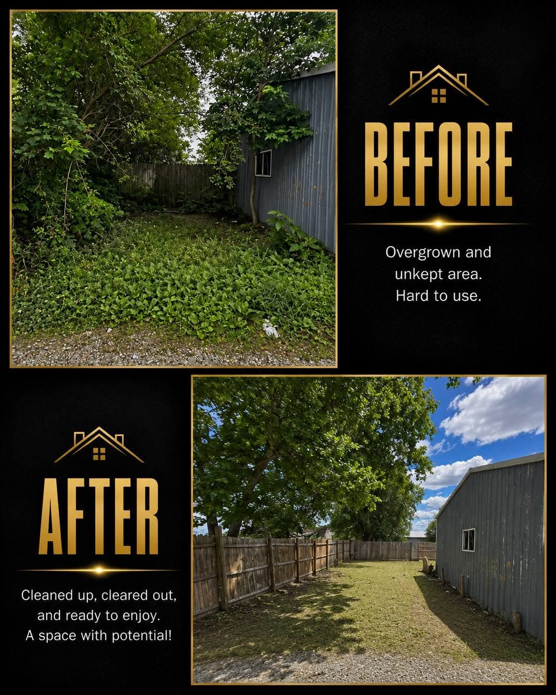 Before-and-after: overgrown property transformed to cleared yard with defined landscaping