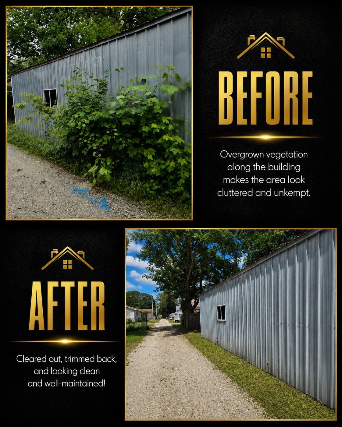 Before-and-after: building with overgrown vegetation cleaned up and trimmed