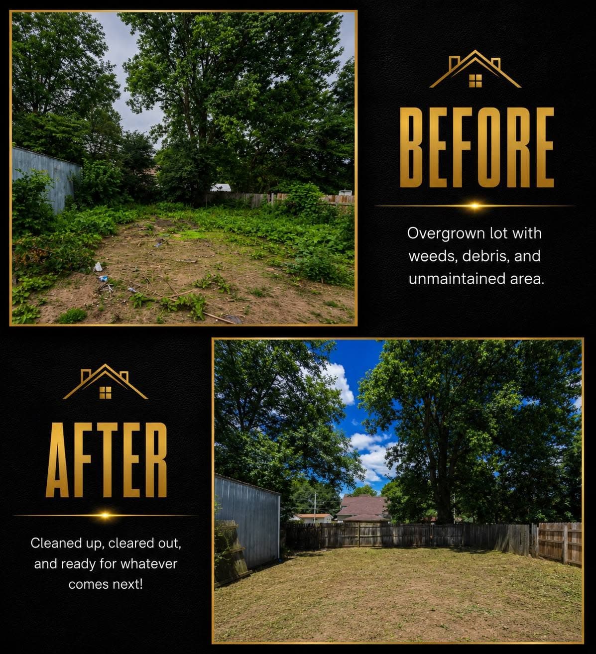Before-and-after: overgrown lot cleared and prepared with maintained landscaping